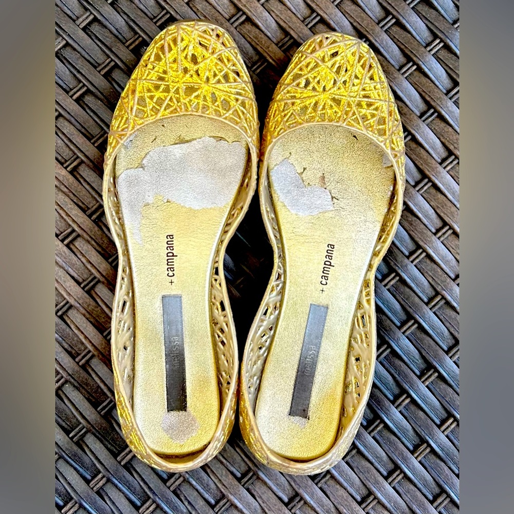Gold Melissa flats, Size 7